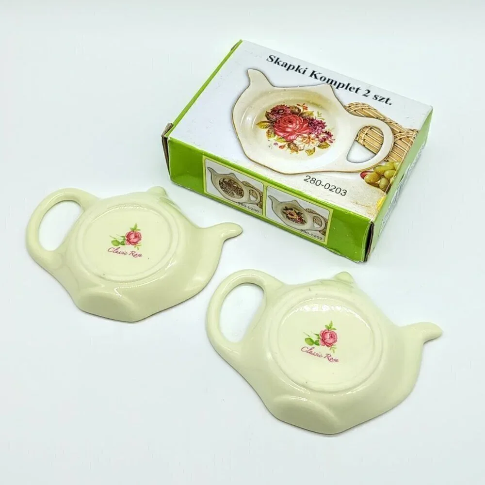 Polish Classic Rose Floral Porcelain Tea Bag Holder Spoon Rests NIB (2)